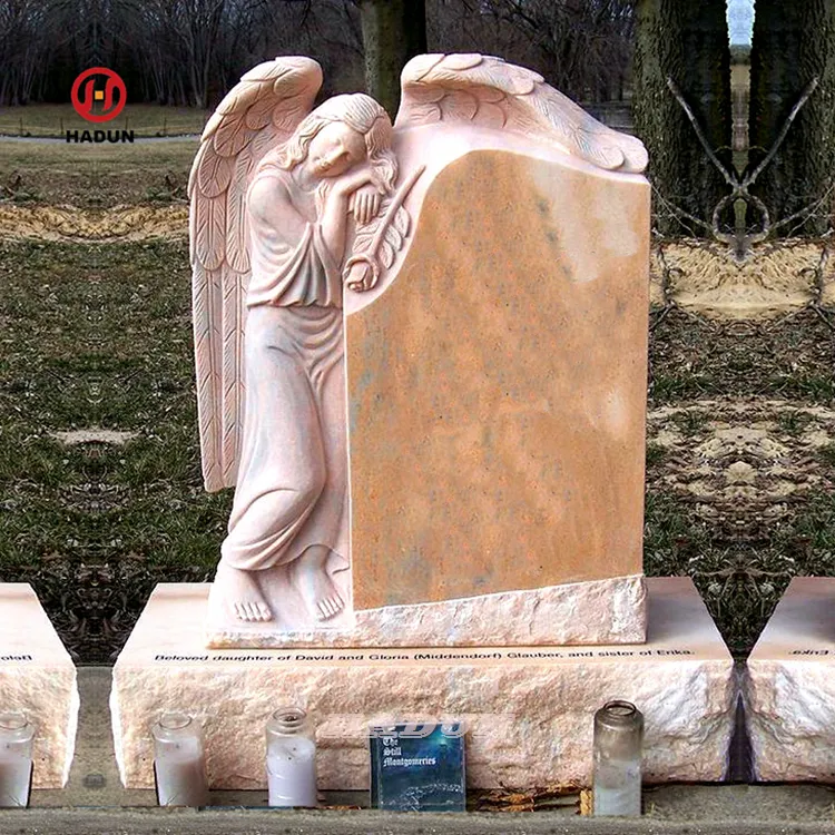 Lapide in granito angelo con panca in marmo intagliato a mano personalizzata con cherubino