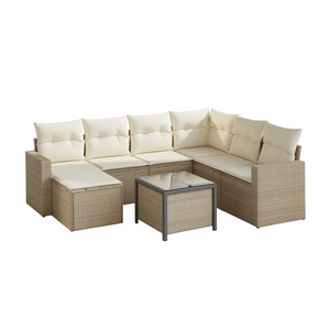 Conjunto de sofá de jardín de ratán sintético para 6 personas, muebles de exterior con estructura de acero y vidrio templado, diseño contemporáneo. - Product Image 1
