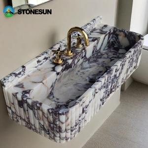 StoneSun Calacatta Viola natuursteen marmeren spoelbak met wastafelonderstel van massief hout voor luxe badkamerprojecten - Product Image 4