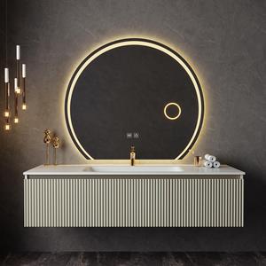 Meuble-lavabo de salle de bain moderne en MDF laqué avec miroir intelligent rectangulaire à LED Luminaires dorés Lavabo simple Salles de bain élégantes - Product Image 3