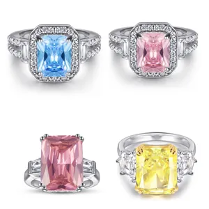 Luxury European American Women's Jewelry Ring 925 Sterling Silver 5A Square Zircon Ring Set