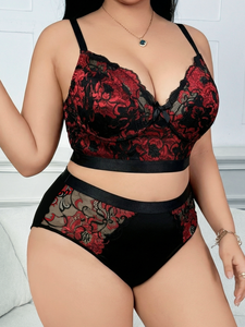 SMOOTH Set Lingerie Plus Size con <span class=keywords><strong>Top</strong></span> Corto in <span class=keywords><strong>Pizzo</strong></span> Floreale per Donne, <span class=keywords><strong>Intimo</strong></span> Sexy Traspirante in Due Pezzi - Product Image 2
