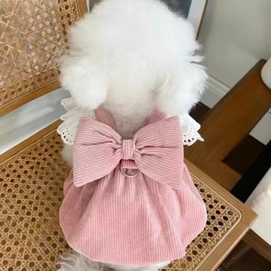Pink Corduroy Dog Skirt With Bow And <b>Lace</b> Trim For <b>Teddy</b> Bichon Frise Winter Princess Style Pet Clothes - Product Image 1