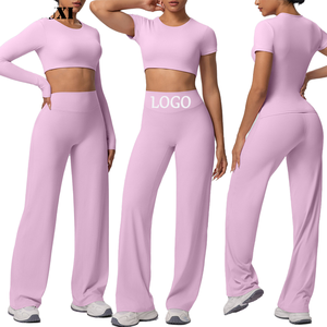 Ensemble de yoga réversible 2 pièces LUMIARA ARTISAN |   Haut court à manches longues et pantalon évasé à jambes larges |   Vente en gros de produits en vrac à étiquette privée POD - Product Image 1