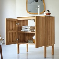 Ensemble de meuble-lavabo de salle de bain avec porte à lattes en bois naturel personnalisé, lavabo simple, autoportant, en bois massif, design à porte à lattes