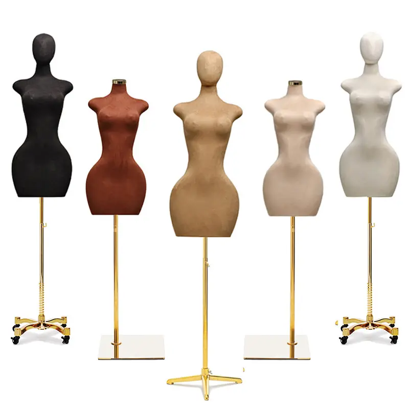 Manequim feminino em forma de vestido PU veludo fosco tamanho cintura grande busto BBL manequins meio corpo curvo torso feminino suporte de roda dourada