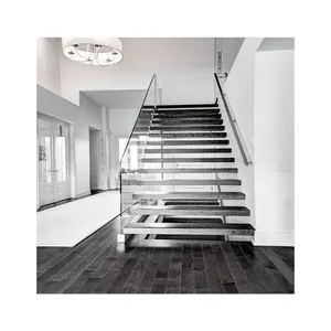 China Modern Stair Floating Straight Stairs Interior Staircase Villa Indoor Steel Stair With Wood Tread and Glass Railing