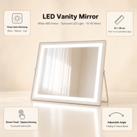 Miroir de maquillage rond en cristal blanc avec lumières LED 40 cm, 3 modes de couleur, variateur d'intensité, capteur tactile, rotation à 360°