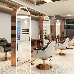 Miroir de Salon Moderne Double Face avec Éclairage LED, Meuble de Salon de Coiffure de Luxe à Cadre Doré, Poste de Barbier Arqué - Product Image 3