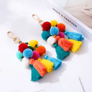 2020 Colorful Boho Pom Pom Keyring Long Tassel Car Keychain Flower Charms shell Wooden Beads For Women Bag Accessories