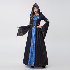Disfraz de Halloween para mujer, vestido de bruja con estampado de estrellas azules, disfraz de fiesta de disfraces de manga larga, talla para adulto - Product Image 3