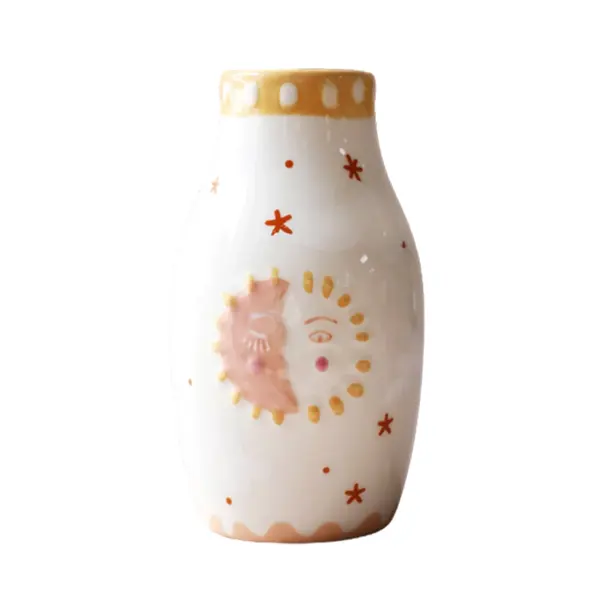 Commercio all'ingrosso Sun and Moon Face Ceramic Posy vaso crema e fiori rosa vaso arte creativa viso vasi da fiori