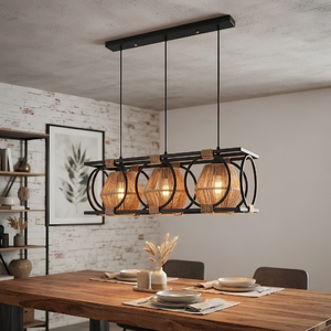 Lustre suspendu double anneau 3 lumières style bohème, abat-jour en corde de chanvre tressée à la main, lustre rustique pour table à manger ou îlot de cuisine - Product Image 1