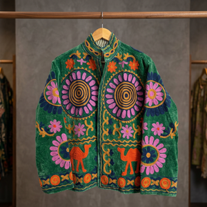 Custom Luxury Handmade Animal and Floral Embroidery <b>Velvet</b> <b>Jacket</b> <b>Women</b> Retro Designer Short Coats Stand Collar Open Front Boho - Product Image 1