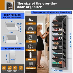 Over The Door Hanging <b>Shoe</b> Organizer 10 Pockets Black Mesh Storage Rack For <b>Shoes</b> Behind Door Or Wall Mount <b>Hook</b> Type - Product Image 2