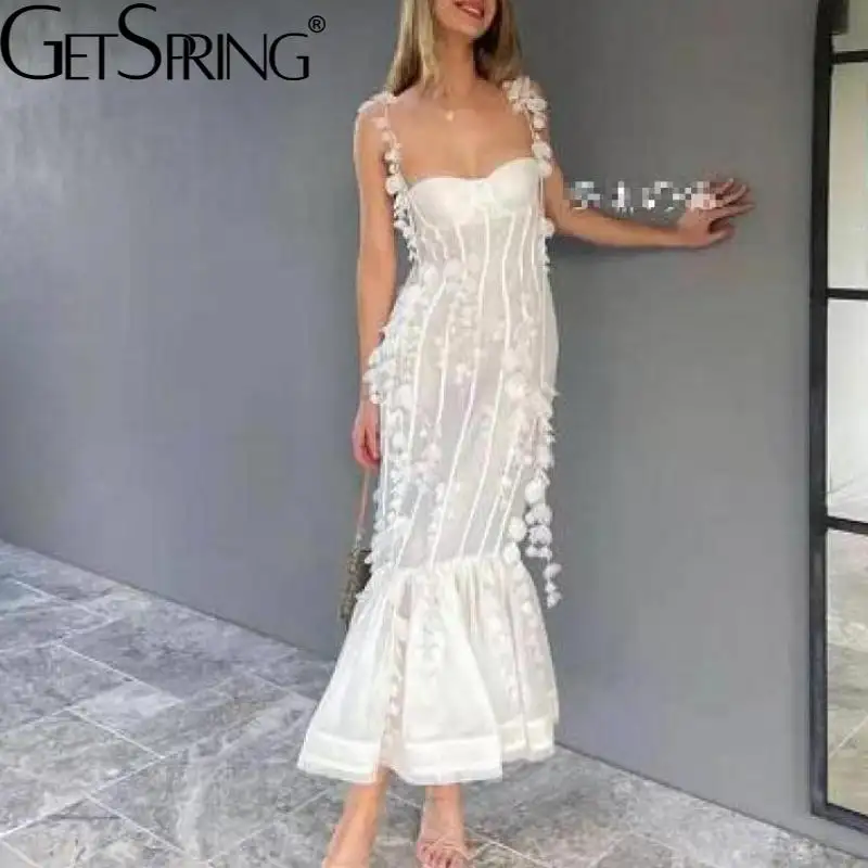 Getspring Women Dress Patchwork Sleeveless White Mermaid Dresses Retro Sexy Long Girls Summer Party Dresses 2021 New Fashion