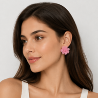 Anting-anting bunga akrilik pink frosted 3D berlapis kelopak, anting-anting bunga wanita, perhiasan pesta pernikahan manis