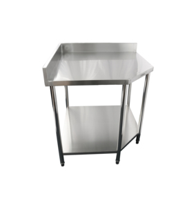 Mesa de trabajo esquinera de acero inoxidable para preparación de alimentos en cocinas comerciales, mesa de trabajo metálica de doble capa con protector contra salpicaduras, certificada por la NSF. - Product Image 1
