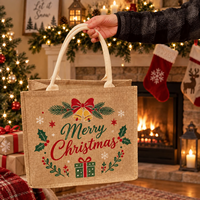Sac fourre-tout en jute de Noël imprimé « Joyeux et Lumineux » avec poignées en corde blanche pour emballage de cadeaux de fêtes