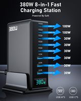 Station de charge de bureau 380W GaN 8 ports avec écran numérique, charge rapide multi USB-C PD100W QC3.0 pour ordinateur portable, téléphone, tablette, certifiée CE