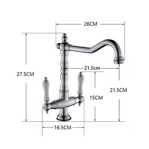 Robinet d'évier de <span class=keywords><strong>cuisine</strong></span> européen <span class=keywords><strong>vintage</strong></span> en céramique à double poignée en laiton rotatif à 360 ° mitigeurs chauds et froids - Product Image 2