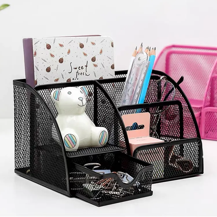 Hot-selling Metal Black Mesh Office Desk Organizer with 6 Compartments 1 Drawer