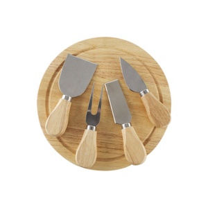 Set Cheese Knife Board And Set Of 5pcs Round Shape Rubber Wood Cheese Box With Cheese Knife Cheese Board And Knife Set Made Of Rubber Wood