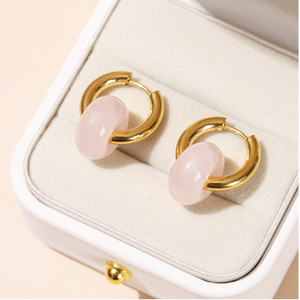 JD Mujeres <span class=keywords><strong>Bohe</strong></span> Colorido Regalo de Boda Natural Cuarzo Rosa Amarillo Ojo de Tigre Donut Huggies Acero Inoxidable Chapado en Oro Pendientes de Aro - Product Image 4
