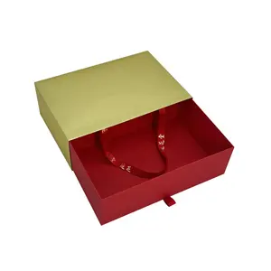 Caja tipo bolsa de papel Caja de regalo con logotipo personalizado con asas Caja de cajón reciclable en rojo y amarillo