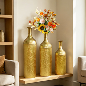 Ensemble de 3 vases décoratifs en métal, motif feuille d'or, vases de sol, vases hauts dorés pour la décoration de la maison, entrée - Product Image 1