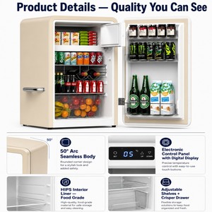 Mini Refrigerador Retro de 112L, Color Beige, con Asa, Compacto, Sin Escarcha, Congelador R600a, CE - Product Image 2