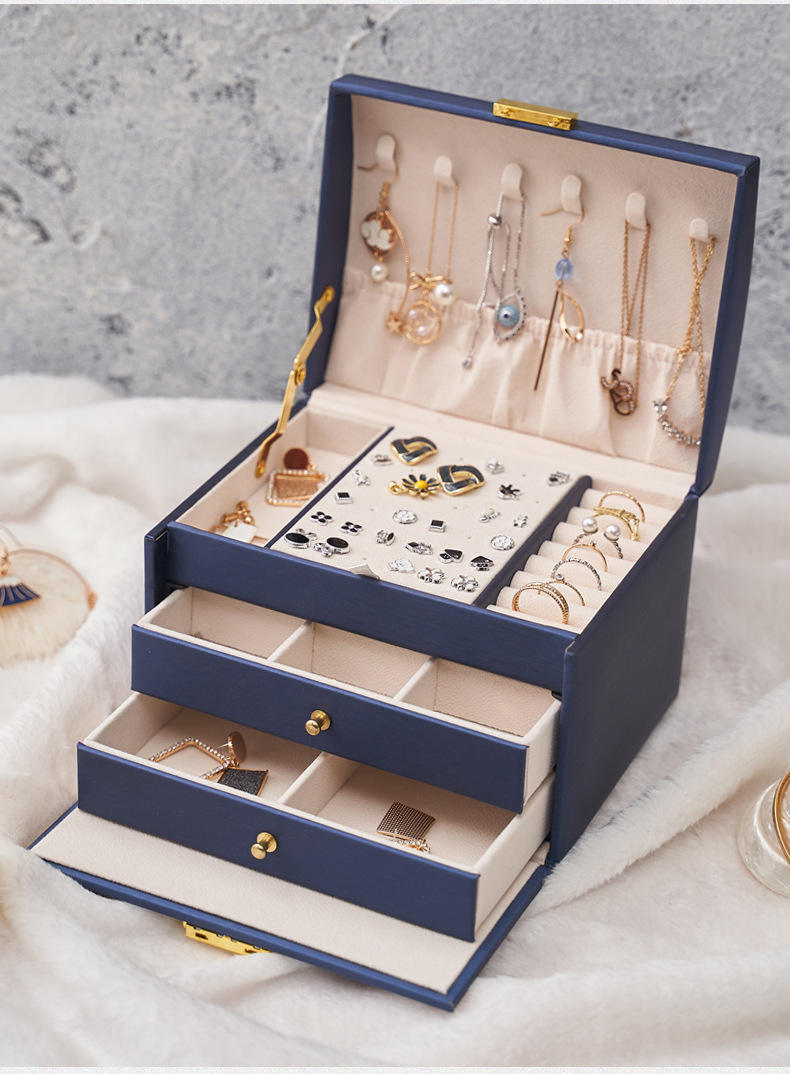 三层皮革抽屉式珠宝储物盒创意珠宝盒耳环珠宝盒带锁和钥匙