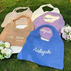 Crochet Polyester Tote <b>Bridesmaid</b> <b>Gift</b> Knitted Beach Embroidered Name Bachelorette Party Summer Shoulder <b>Bag</b> - Product Image 1