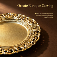 Assiette décorative en plastique de style européen rétro, 13 pouces (33 cm), creuse, sculptée, dorée, pour mariage et fête