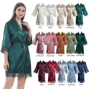 Stocked 15 Colors Silk Kimono Robes Satin Robes with Lace Trim for Women Bride Bridesmaid Wedding Day Bridal Party Bathrobes