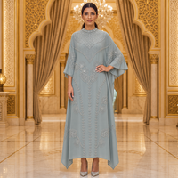 Robe Kaftan Brodé Modeste avec Perles et Paillettes, Col Rond, Manches Chauve-Souris, Coupe Ample, Maxi Abaya Coupe A-Line pour le Ramadan et l'Aïd