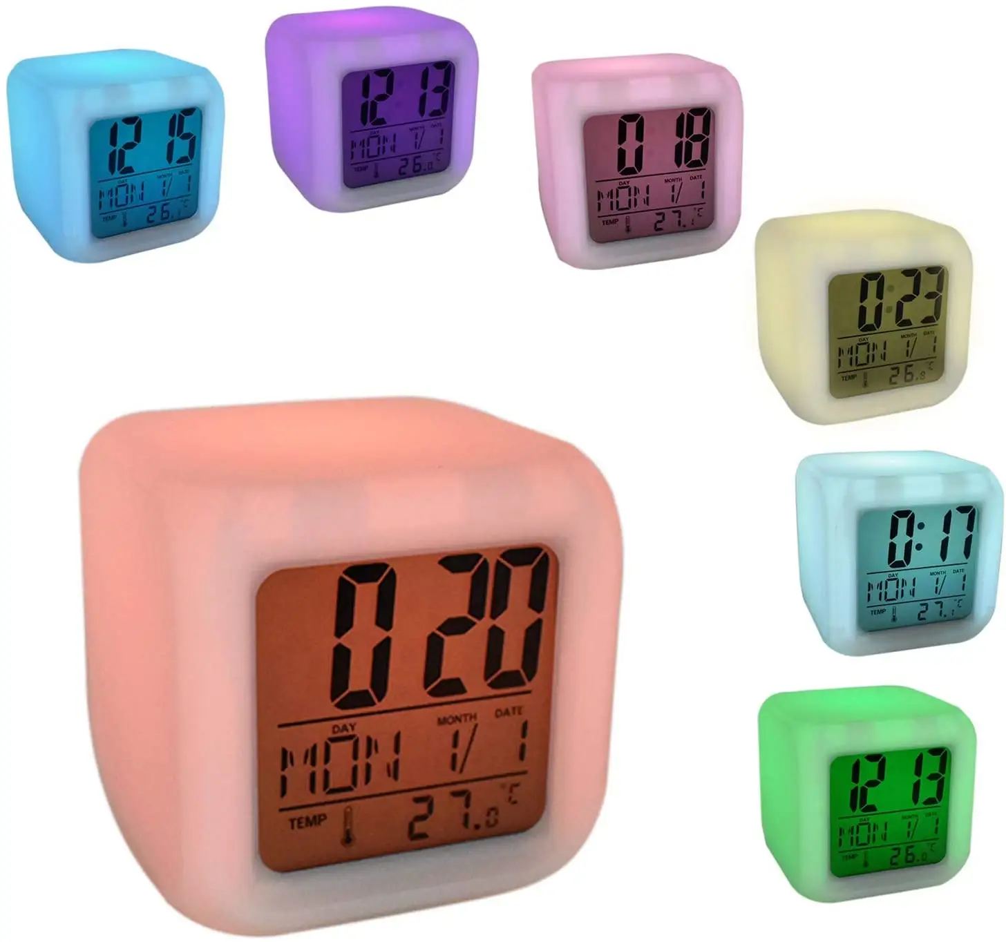 Hot product 7 colors changing LED white desk table digital alarm clock with rectangular white frame