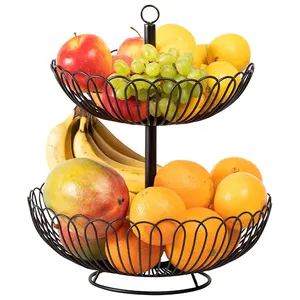 Sturdy Portable 2 Tiers Fruit Bowl Iron Wire Vegetable Basket With Stable Base Countertop Tabletop