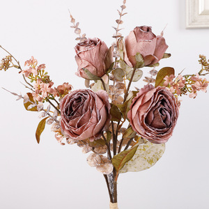 <b>Artificial</b> Roses Bouquet Vintage Style Plastic Silk Flowers Wedding Decor Home Decoration Reusable High Simulation - Product Image 1