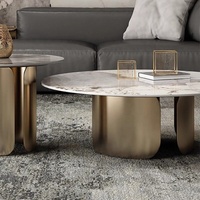 Ensemble de tables basses rondes à deux niveaux en acier inoxydable doré Pandora Rock Slate pour salon, maison ou hôtel