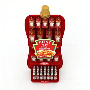Étagère de présentation sur pied en métal de forme personnalisée avec étagères et crochets pour la promotion de la sauce ketchup et des condiments en supermarché - Product Image 5