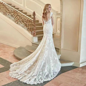Vestido de Novia Blanco Sexy Corte Sirena para <span class=keywords><strong>Boda</strong></span> <span class=keywords><strong>Civil</strong></span>, Vestido Sexy Hecho a Medida, Tela de Encaje de Tul Francés para Vestido de Noche de <span class=keywords><strong>Boda</strong></span> - Product Image 3