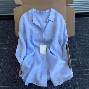 Nouvelle chemise en lin bleu printemps/été 2026, coupe ample, élégante, style Old Money, haut de gamme, en coton et lin - Product Image 1