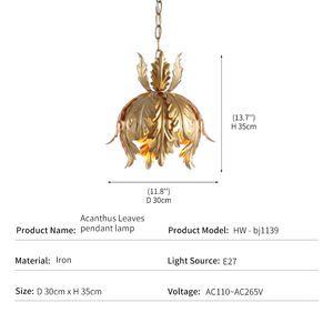 Lámpara Colgante Vintage de Lujo con Diseño de Hoja de Acanthus, Estilo Francés, de Hierro Dorado, LED, Retro, Artística y Creativa - Product Image 4