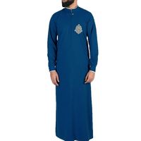 Qamis Lanna Bleu pour Homme, Col Montant, Manches Longues, Broderie Poitrine, Coupe Ample, Style Islamique Saoudien, Jubba Kaftan Maxi Robe