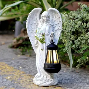 Solar Outdoor Sculptures Garden Angel Statue Resin Angel Figurines for Outside Yard Art Patio