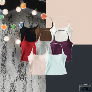 Women's Casual Deep Back Halter Neck Eco-Friendly Cami Tank Tops Breathable Stretch Short Regular Vest <b>Removable</b> <b>Padded</b> <b>Bra</b> for - Product Image 3