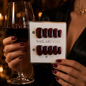 Faux ongles magnétiques rouges en PMMA à presser, couvrance totale moyenne, formes carrées effet gelée, 24 pièces pour femmes et hommes - Product Image 6