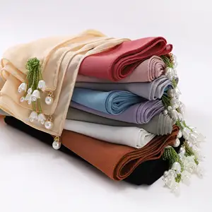 Lenço de véu quadrado de chiffon hijab, lenço de véu com pérolas 90*90, decoração