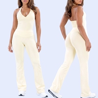 Set Yoga 2 Potong Wanita Terlaris, Pakaian Olahraga Sensasi Nude, Atasan Halter Tanpa Punggung & Legging Melebar Bahan Nylon/Spandex, Set Fitness Gym